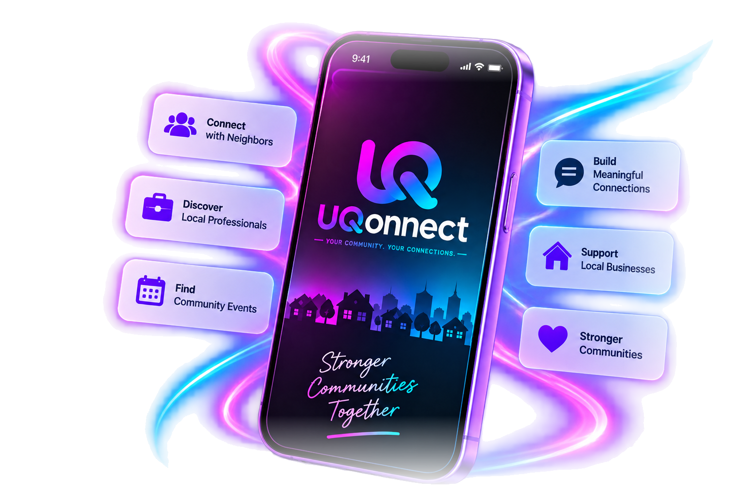 UQonnect app preview with community feature cards